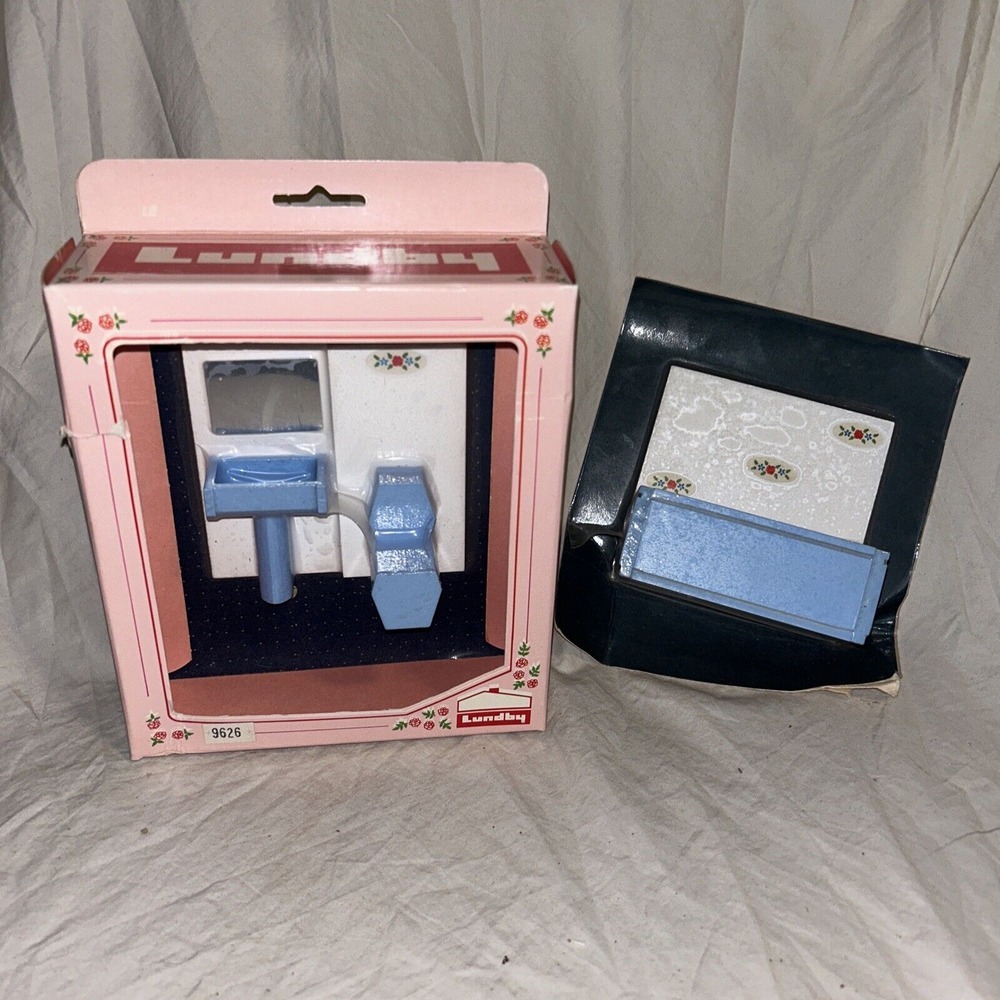 Lundby 9626 Bathroom Set Toilet, Bathtub‎ & Sink With Mirror NEW Vintage D4